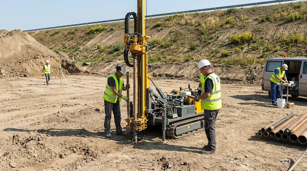 Arquitecto técnico midiendo parcela en terreno volcánico canario con equipos de análisis