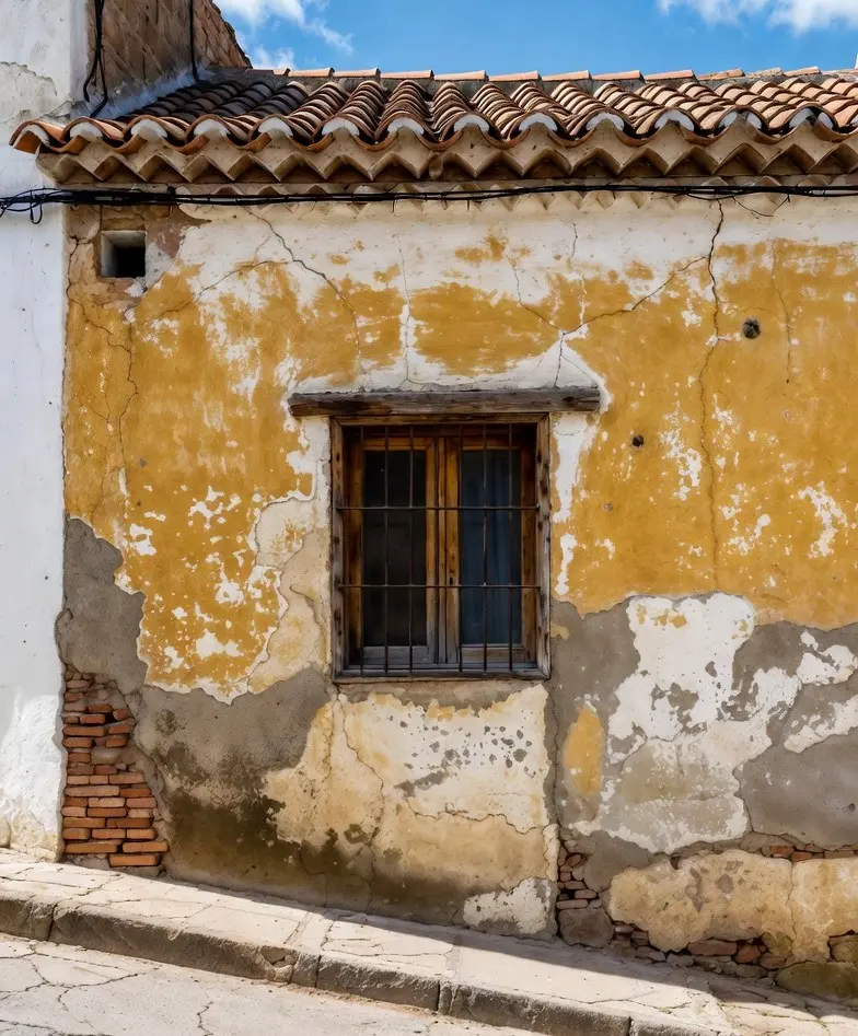 Gotelé deteriorado por humedad, problema habitual en construcción tradicional