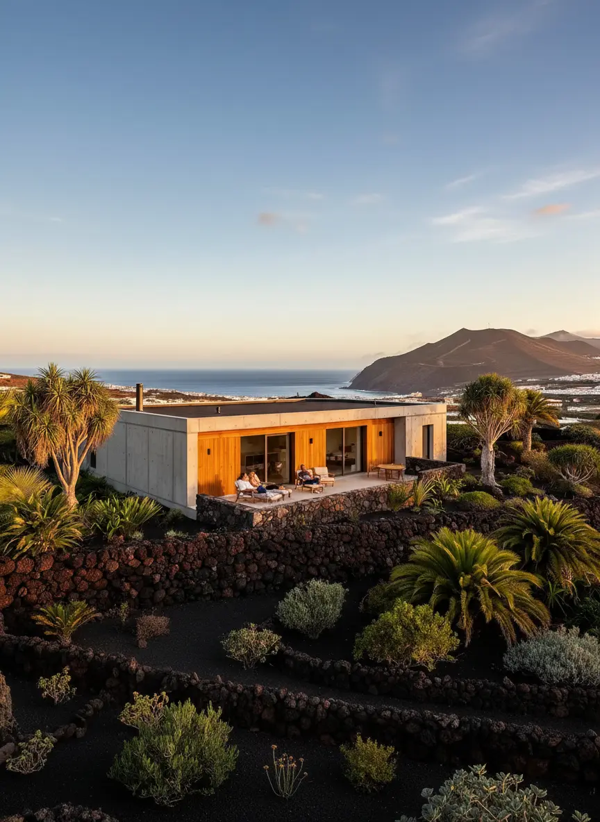 Casa prefabricada con porche en paisaje canario, guía de permisos y licencias de obra